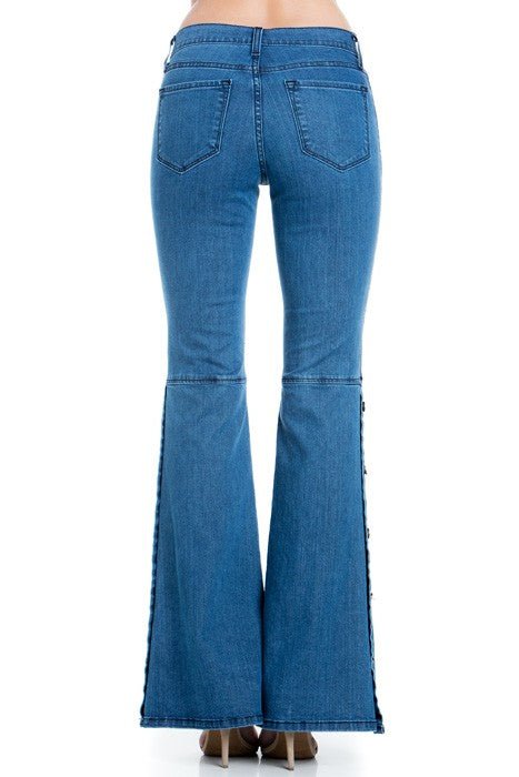 O2 Denim Mid - Rise Side Leg Button Detail Flare Jeans - Sleekdenim.com