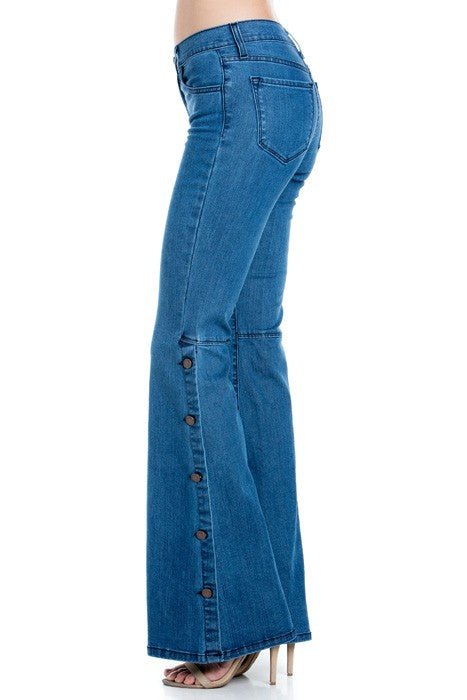 O2 Denim Mid - Rise Side Leg Button Detail Flare Jeans - Sleekdenim.com