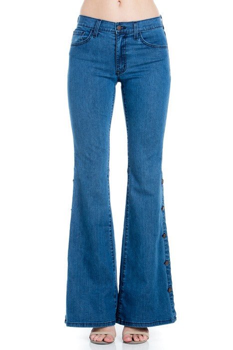 O2 Denim Mid - Rise Side Leg Button Detail Flare Jeans - Sleekdenim.com