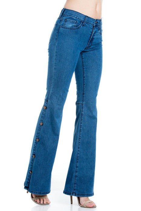 O2 Denim Mid - Rise Side Leg Button Detail Flare Jeans - Sleekdenim.com