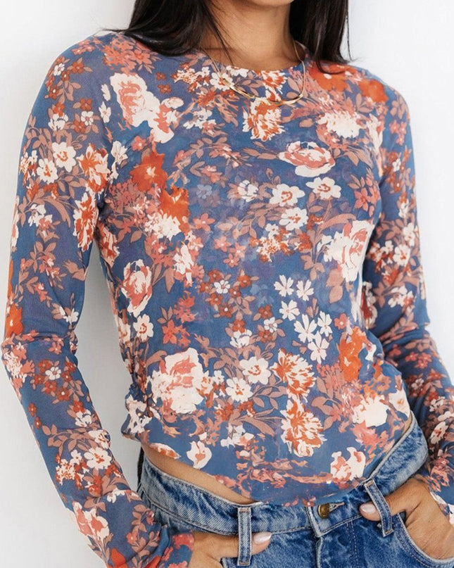 Orchid Petal Allover Floral Print Mesh Long Sleeve Top - Sleekdenim.com