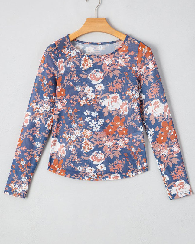 Orchid Petal Allover Floral Print Mesh Long Sleeve Top - Sleekdenim.com