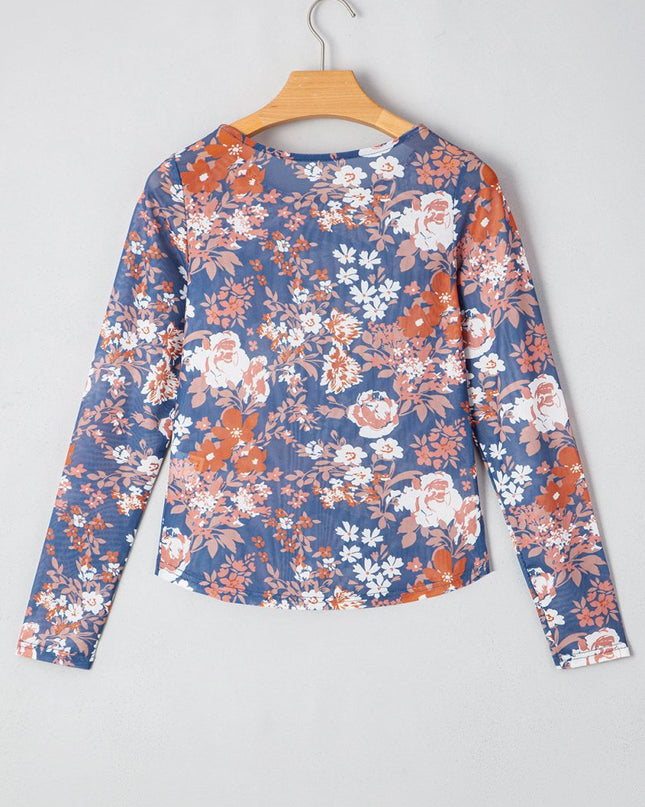 Orchid Petal Allover Floral Print Mesh Long Sleeve Top - Sleekdenim.com