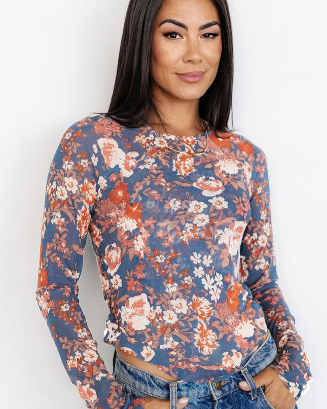 Orchid Petal Allover Floral Print Mesh Long Sleeve Top - Sleekdenim.com