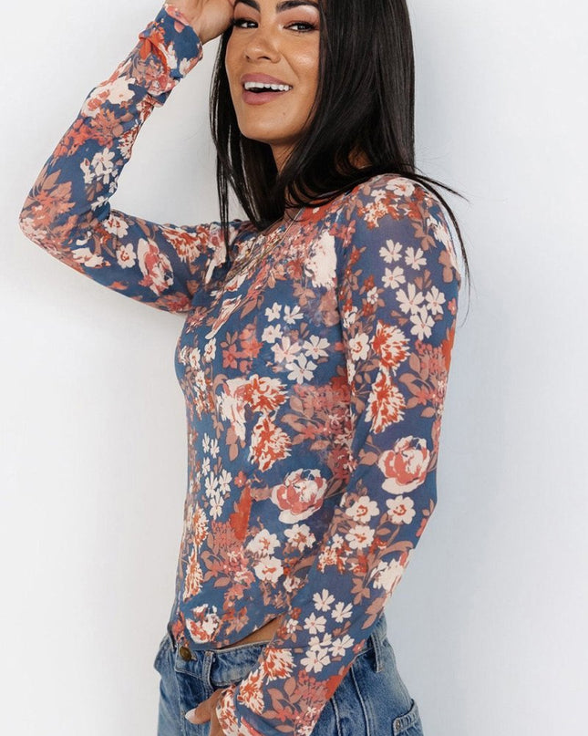 Orchid Petal Allover Floral Print Mesh Long Sleeve Top - Sleekdenim.com