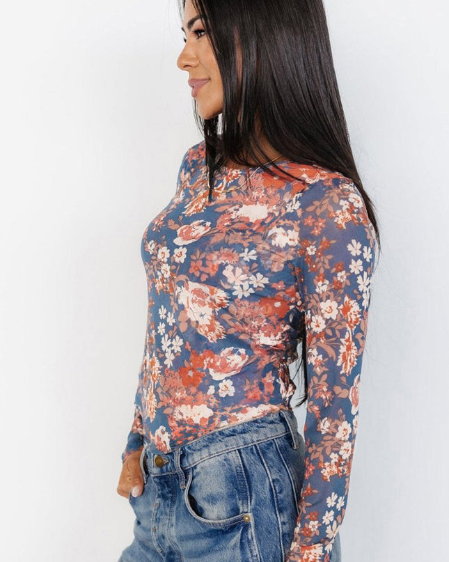 Orchid Petal Allover Floral Print Mesh Long Sleeve Top - Sleekdenim.com