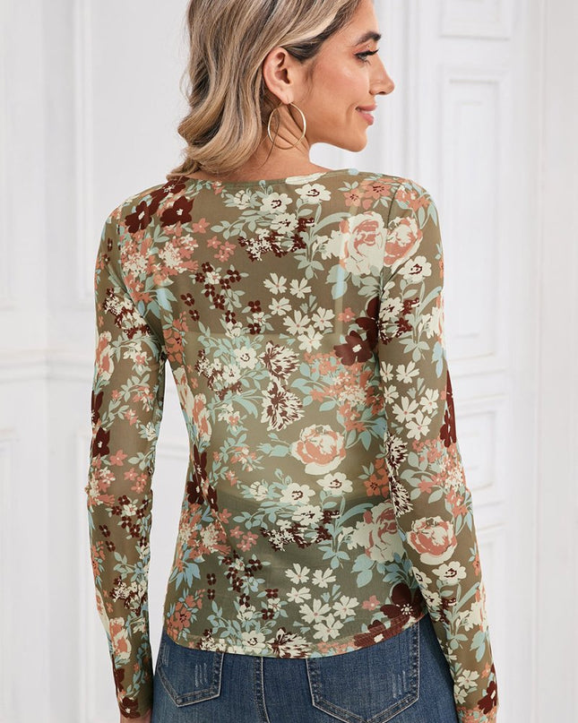 Orchid Petal Allover Floral Print Mesh Long Sleeve Top - Sleekdenim.com