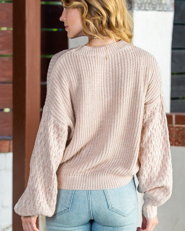 Parchment Chunky Knit Sleeve Drop Shoulder Sweater - Sleekdenim.com