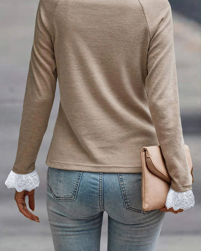Parchment Seam Detail Lace Contrast Cuffs Raglan Sleeve Top - Sleekdenim.com