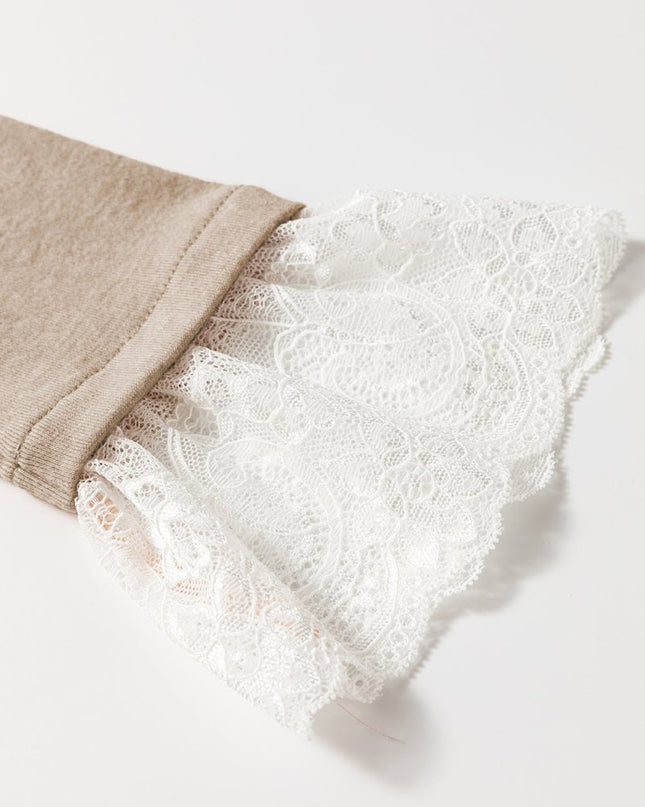 Parchment Seam Detail Lace Contrast Cuffs Raglan Sleeve Top - Sleekdenim.com