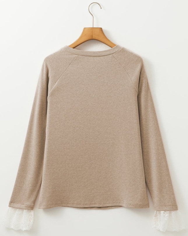 Parchment Seam Detail Lace Contrast Cuffs Raglan Sleeve Top - Sleekdenim.com