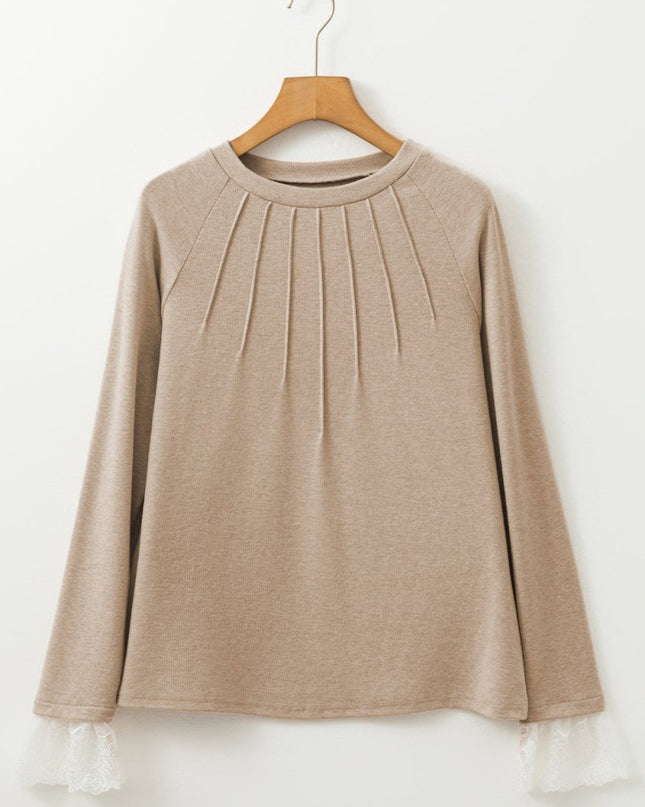 Parchment Seam Detail Lace Contrast Cuffs Raglan Sleeve Top - Sleekdenim.com