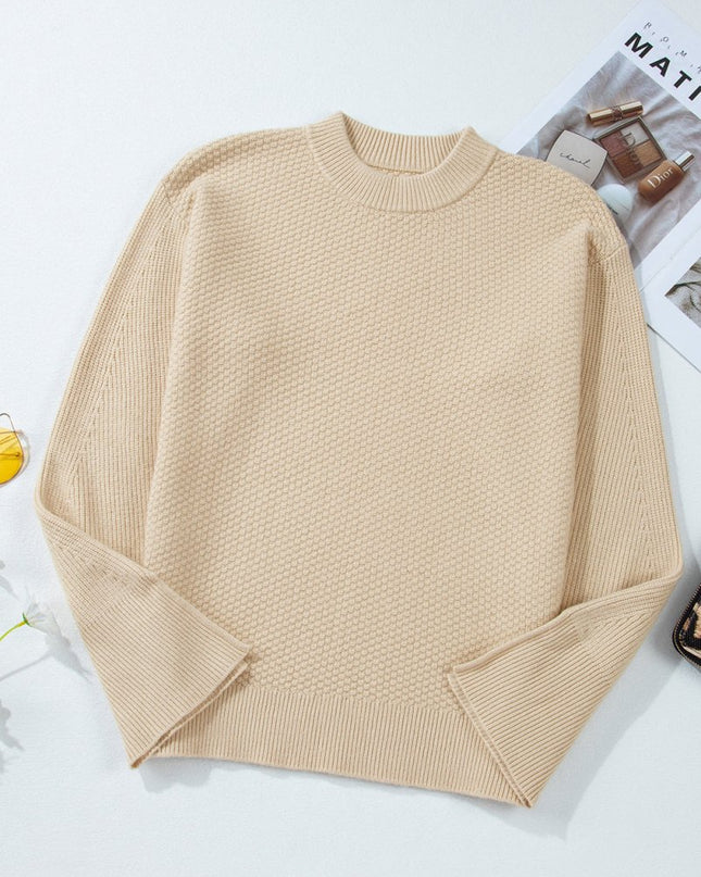 Parchment Solid Textured Knit Split Cuff Drop Shoulder Sweater - Sleekdenim.com