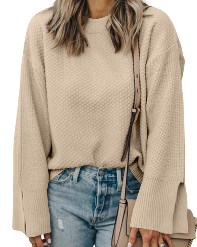 Parchment Solid Textured Knit Split Cuff Drop Shoulder Sweater - Sleekdenim.com