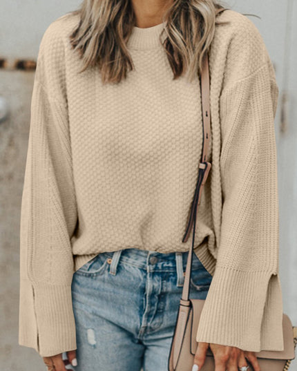 Parchment Solid Textured Knit Split Cuff Drop Shoulder Sweater - Sleekdenim.com
