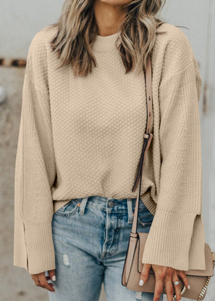 Parchment Solid Textured Knit Split Cuff Drop Shoulder Sweater - Sleekdenim.com