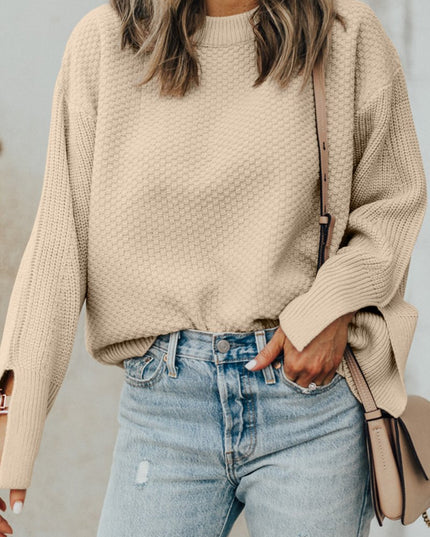 Parchment Solid Textured Knit Split Cuff Drop Shoulder Sweater - Sleekdenim.com