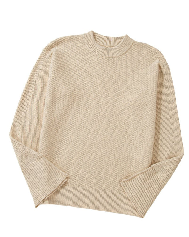 Parchment Solid Textured Knit Split Cuff Drop Shoulder Sweater - Sleekdenim.com