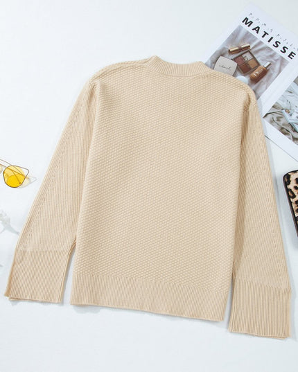 Parchment Solid Textured Knit Split Cuff Drop Shoulder Sweater - Sleekdenim.com