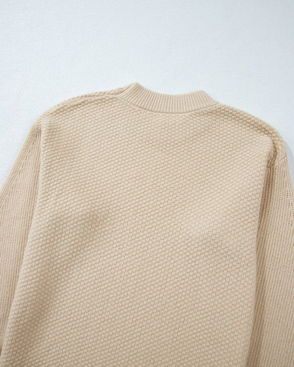 Parchment Solid Textured Knit Split Cuff Drop Shoulder Sweater - Sleekdenim.com