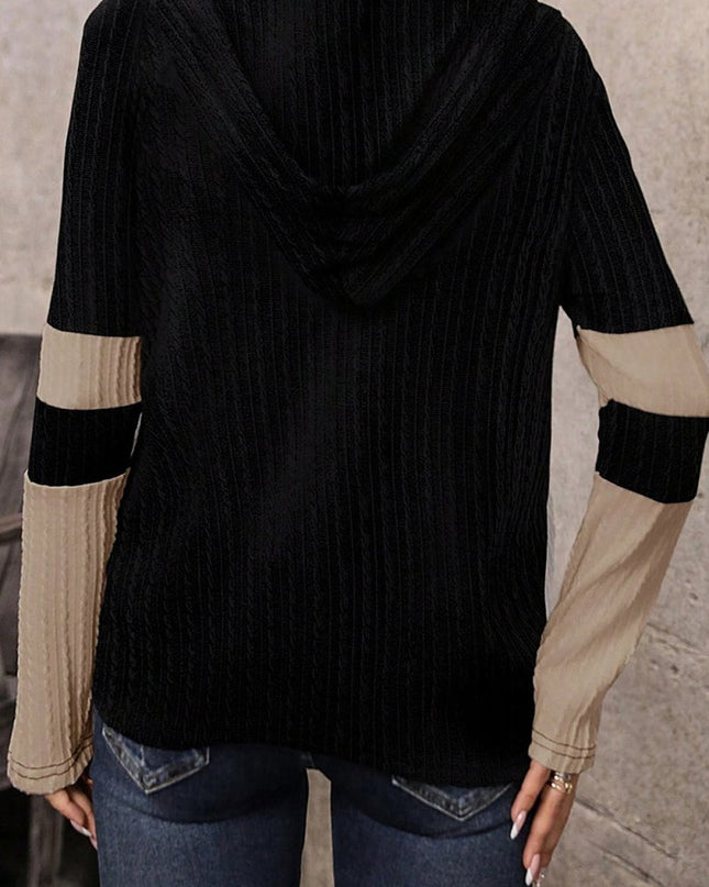 Parchment Textured Patchwork Long Sleeve Hooded Top - Sleekdenim.com