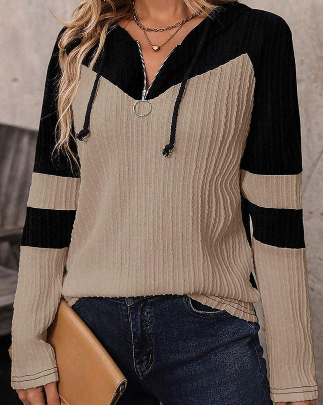 Parchment Textured Patchwork Long Sleeve Hooded Top - Sleekdenim.com