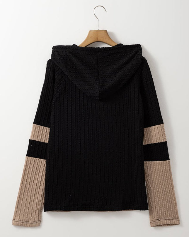 Parchment Textured Patchwork Long Sleeve Hooded Top - Sleekdenim.com