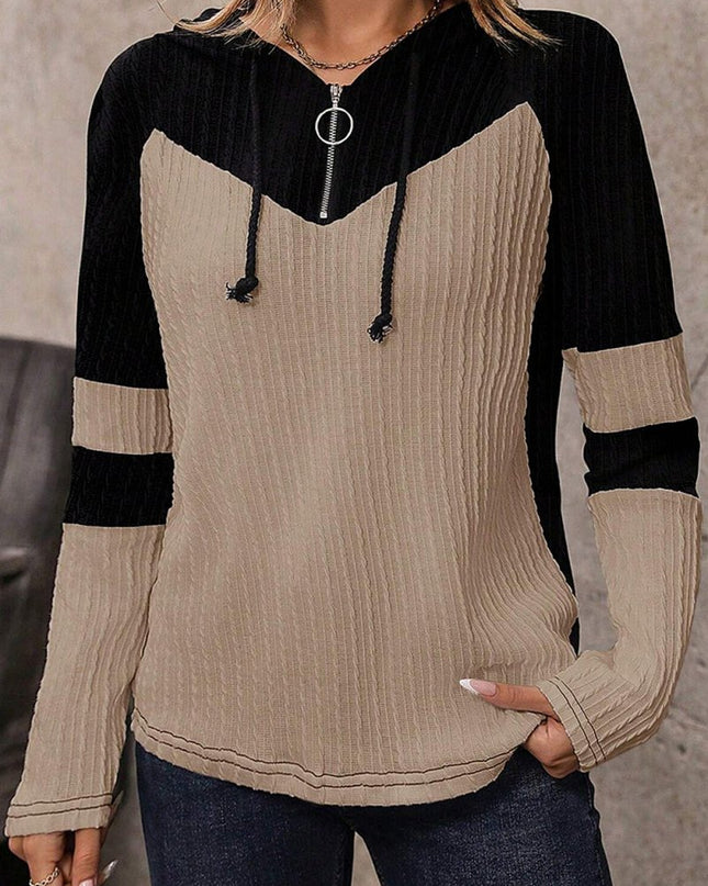 Parchment Textured Patchwork Long Sleeve Hooded Top - Sleekdenim.com