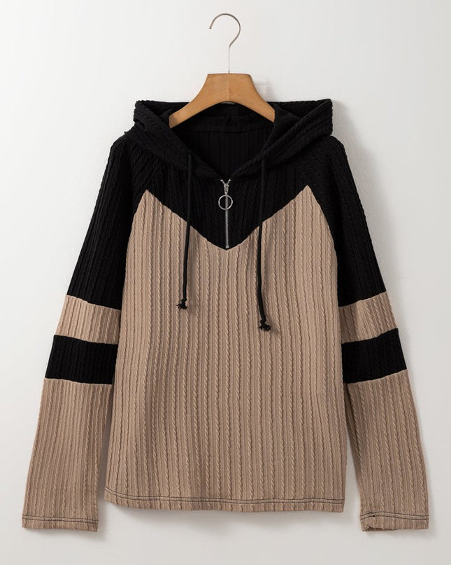 Parchment Textured Patchwork Long Sleeve Hooded Top - Sleekdenim.com