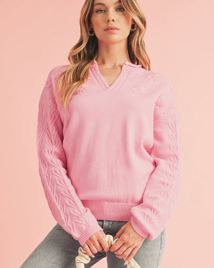 Peach Blossom Flower Pattern Knitted Notched Neck Sweater - Sleekdenim.com