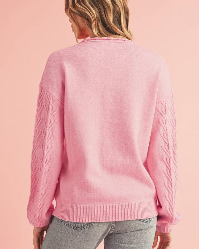 Peach Blossom Flower Pattern Knitted Notched Neck Sweater - Sleekdenim.com