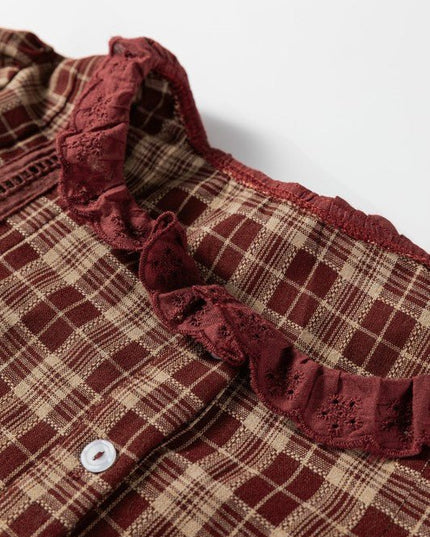 Plaid Eyelet Lace Trim Buttoned Long Sleeve Shirt - Sleekdenim.com