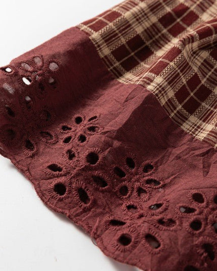 Plaid Eyelet Lace Trim Buttoned Long Sleeve Shirt - Sleekdenim.com