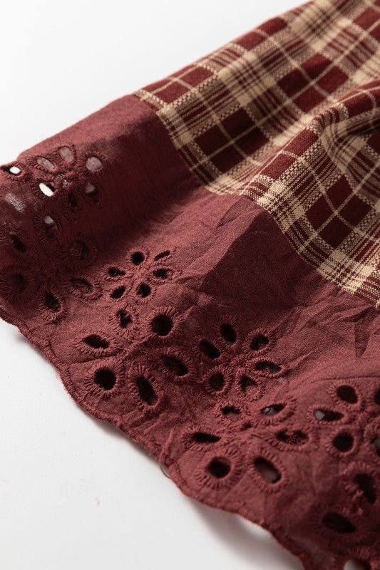 Plaid Eyelet Lace Trim Buttoned Long Sleeve Shirt - Sleekdenim.com