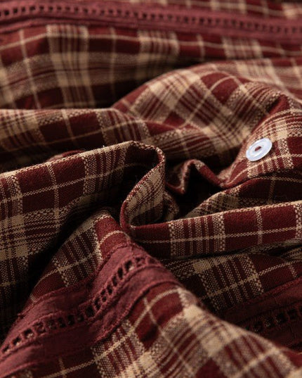 Plaid Eyelet Lace Trim Buttoned Long Sleeve Shirt - Sleekdenim.com