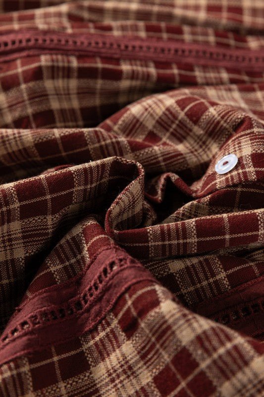 Plaid Eyelet Lace Trim Buttoned Long Sleeve Shirt - Sleekdenim.com