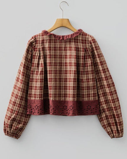 Plaid Eyelet Lace Trim Buttoned Long Sleeve Shirt - Sleekdenim.com