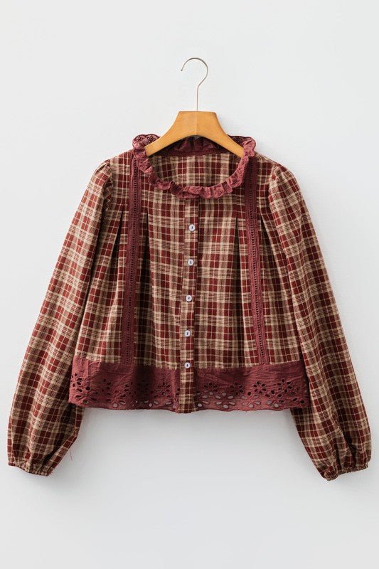 Plaid Eyelet Lace Trim Buttoned Long Sleeve Shirt - Sleekdenim.com