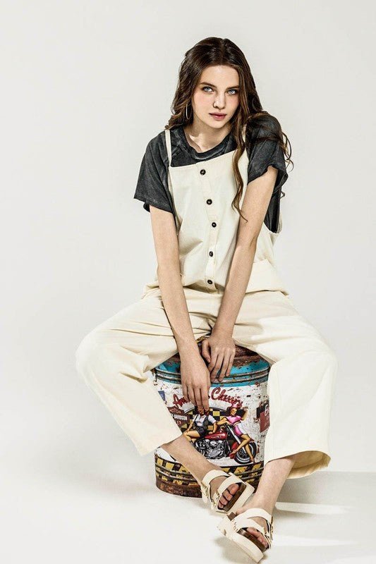 Plus Button Down Sleeveless Overall Jumpsuit - Sleekdenim.com