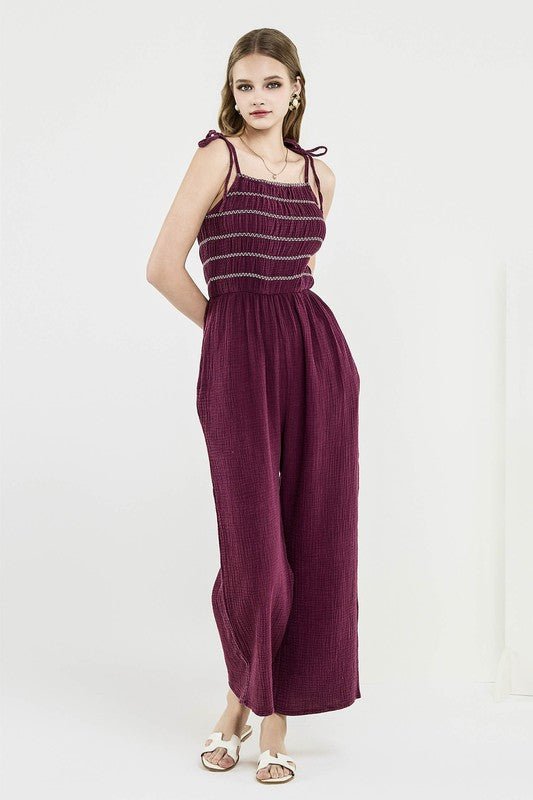 Plus Size Smocked Top Wide Leg Gauze Jumpsuits - Sleekdenim.com