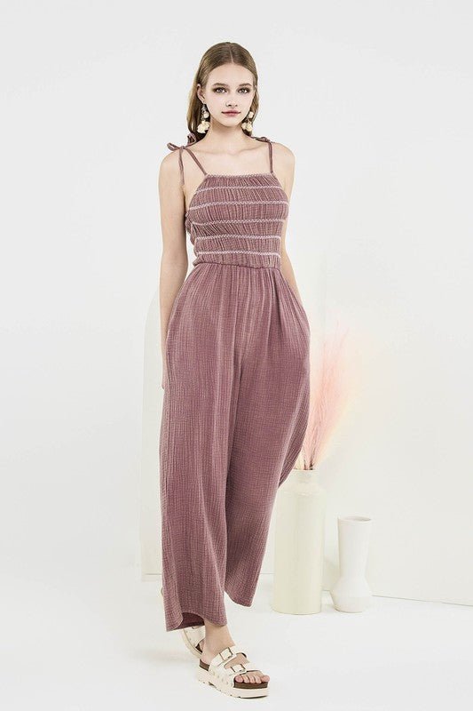 Plus Size Smocked Top Wide Leg Gauze Jumpsuits - Sleekdenim.com