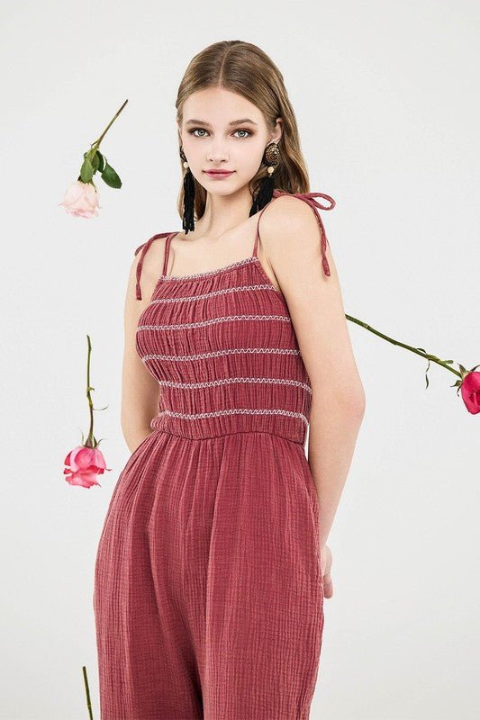 Plus Size Smocked Top Wide Leg Gauze Jumpsuits - Sleekdenim.com