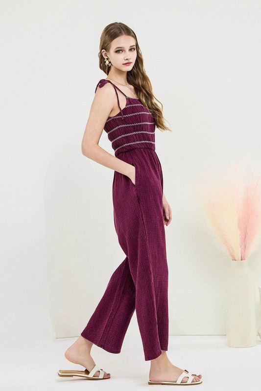 Plus Size Smocked Top Wide Leg Gauze Jumpsuits - Sleekdenim.com