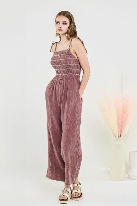 Plus Size Smocked Top Wide Leg Gauze Jumpsuits - Sleekdenim.com