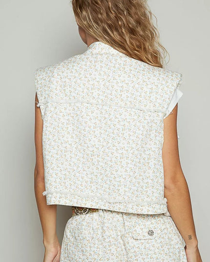 POL Assymetrical Front Closure Raw Hem Floral Denim Vest - Sleekdenim.com