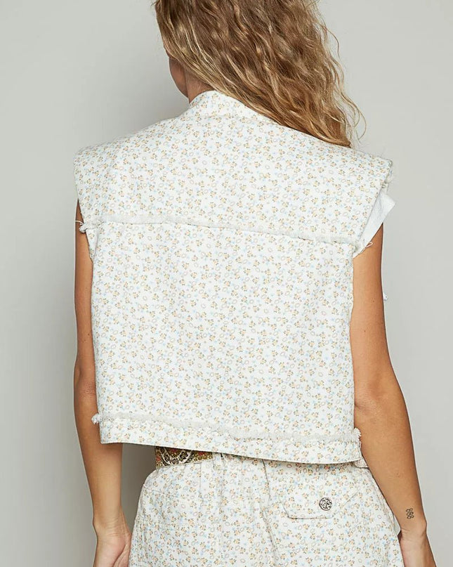 POL Assymetrical Front Closure Raw Hem Floral Denim Vest - Sleekdenim.com