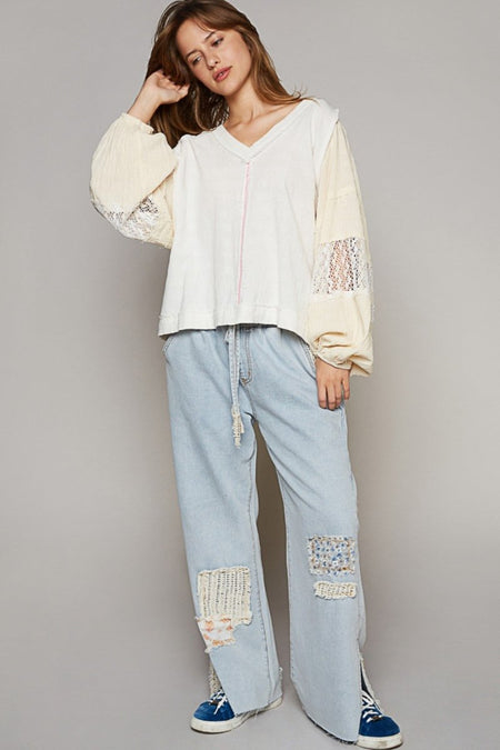 POL Balloon Sleeve Crochet Patch Top - Sleekdenim.com