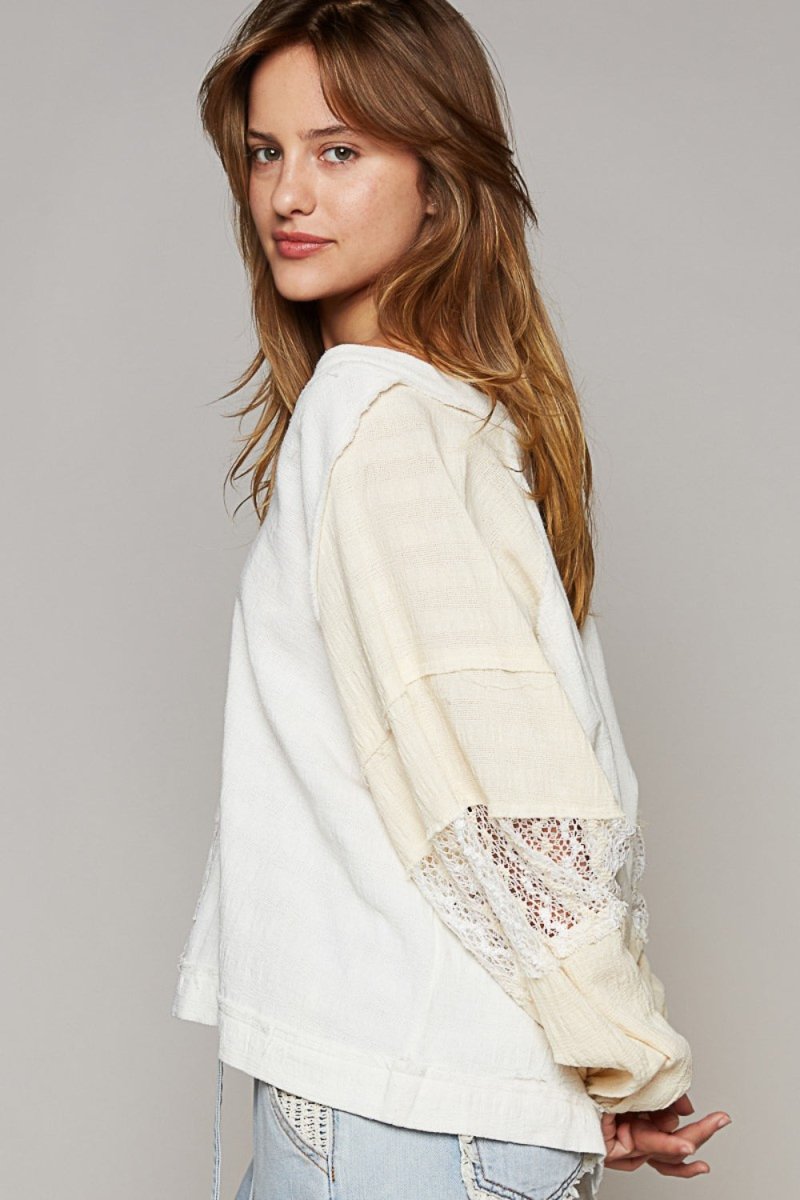 POL Balloon Sleeve Crochet Patch Top - Sleekdenim.com