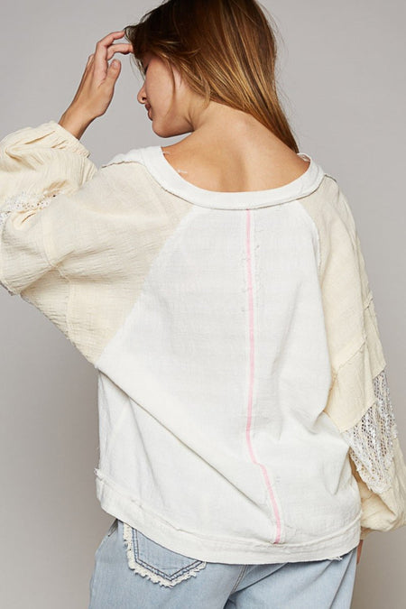 POL Balloon Sleeve Crochet Patch Top - Sleekdenim.com