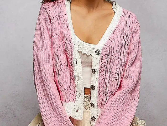 POL Button Down Cable-Knit Cardigan with Contrast Border Accents - Sleekdenim.com